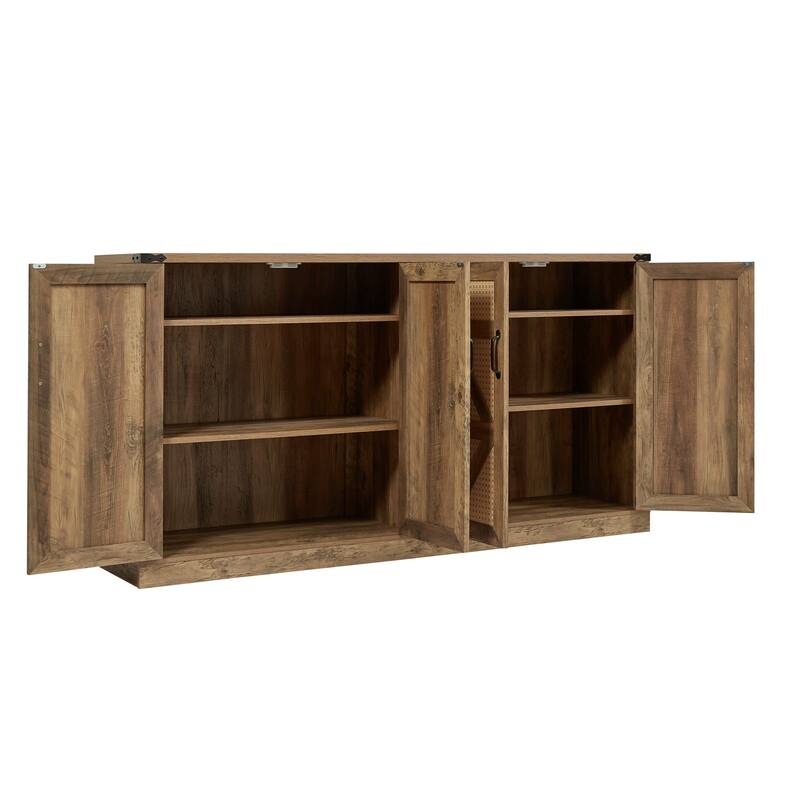 Rustic Faux Rattan Sideboard Adjustable Shelves Buffet Cabinet, Living Dining Room Accent Cabinet TV Cabinet Console Table, Oak