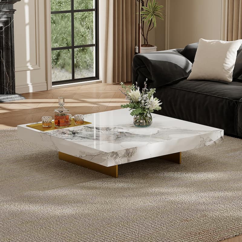 Modern 42" Faux Marble Square Coffee Table，Glossy Sintered Stone Tabletop