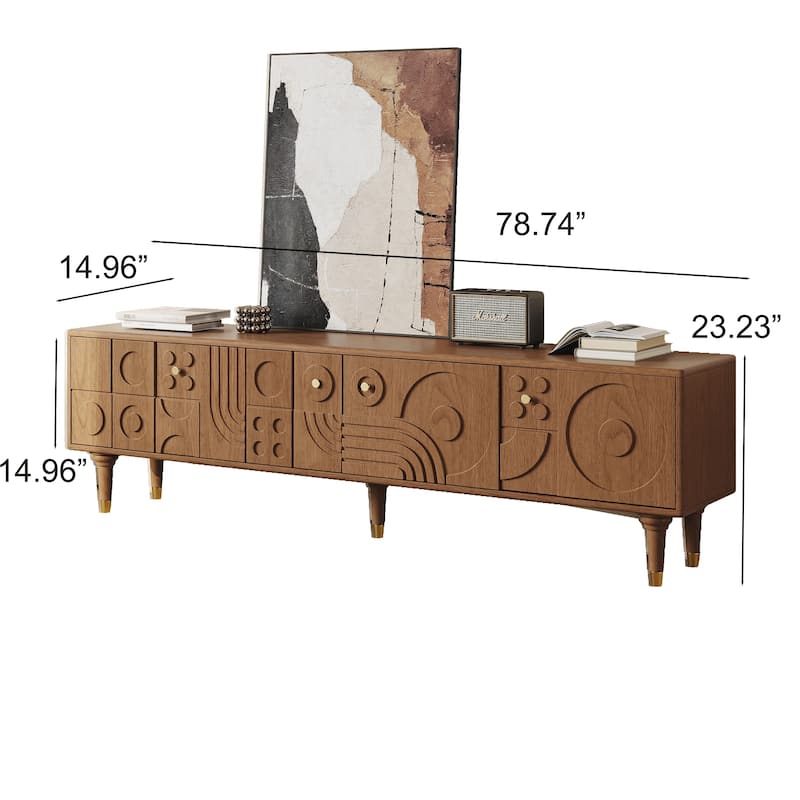 78.74" Mid-Century Modern TV Stands, Wood Media Console with Cabinets, Tall-Cast Legs