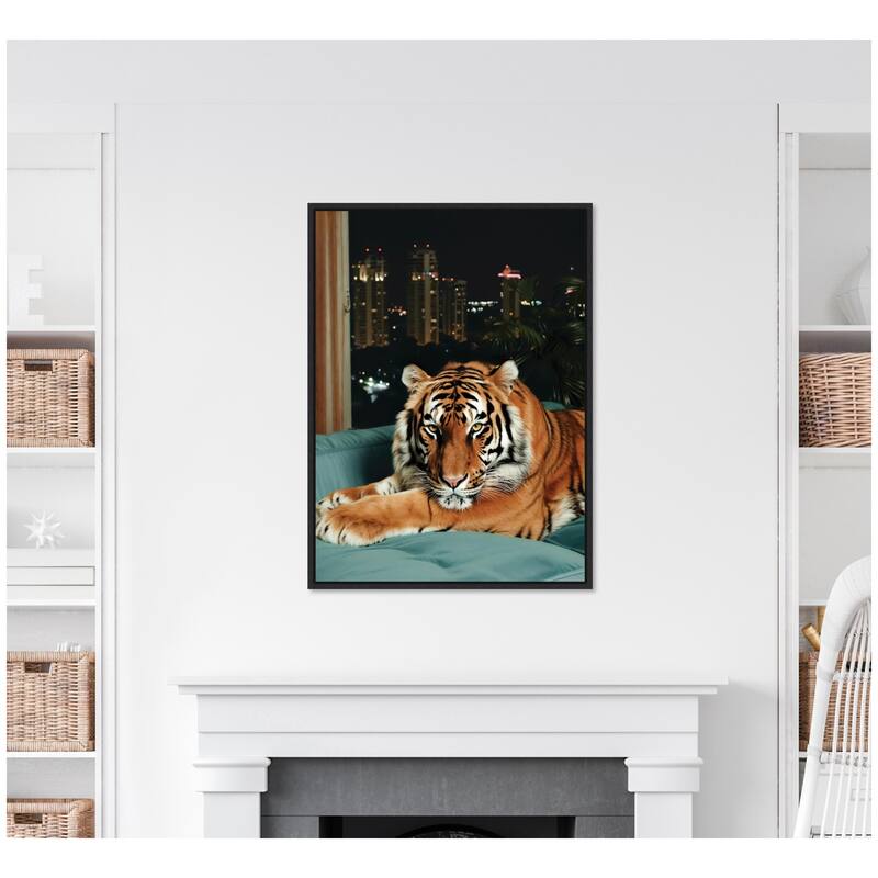 Kate and Laurel Sylvie Tiger in the City at Night 1 Framed Canvas by Michael Schauer