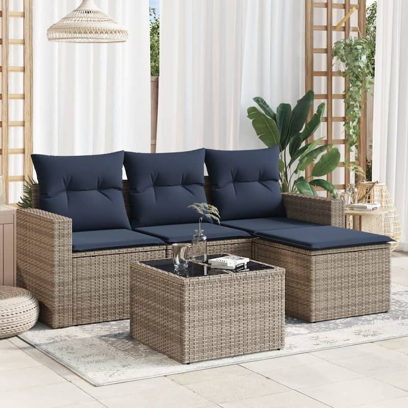 vidaXL Patio Sofa Set with Cushions Outdoor Conversation Furniture Poly Rattan - 25.8" x 24.4" x 27.2" - Beige and gray with table
