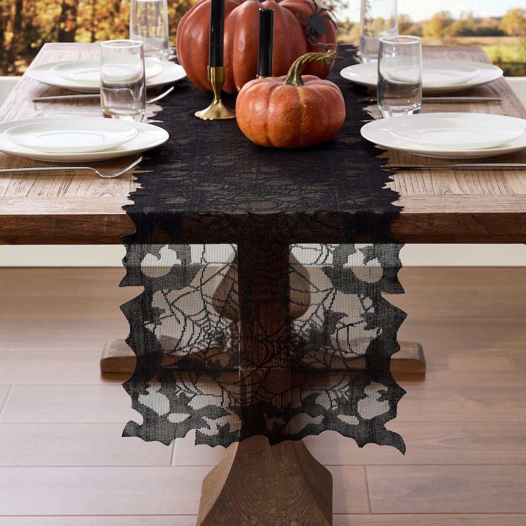 Bats & Web Lace Halloween Table Console Runner - 13"x90'