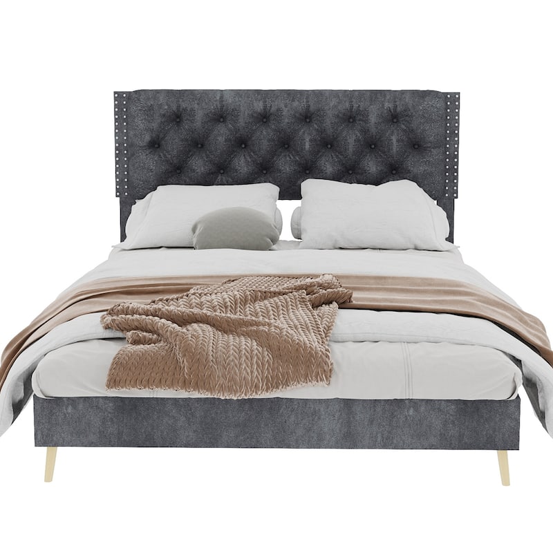 Modern Comfort Queen Size Velvet Upholstered Platform Bed, With Tufted Headboard