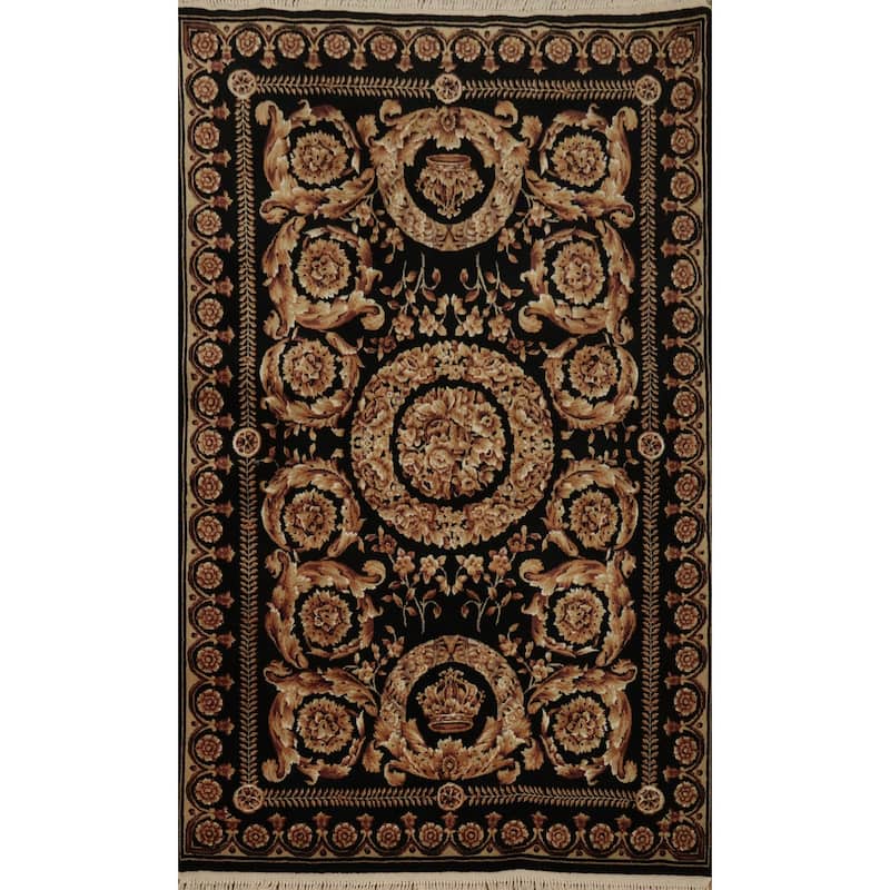 Hand Knotted Oriental 100% Wool Carpet Traditional Floral Black Aubusson Area Rug - 6' 0'' X 4' 1''