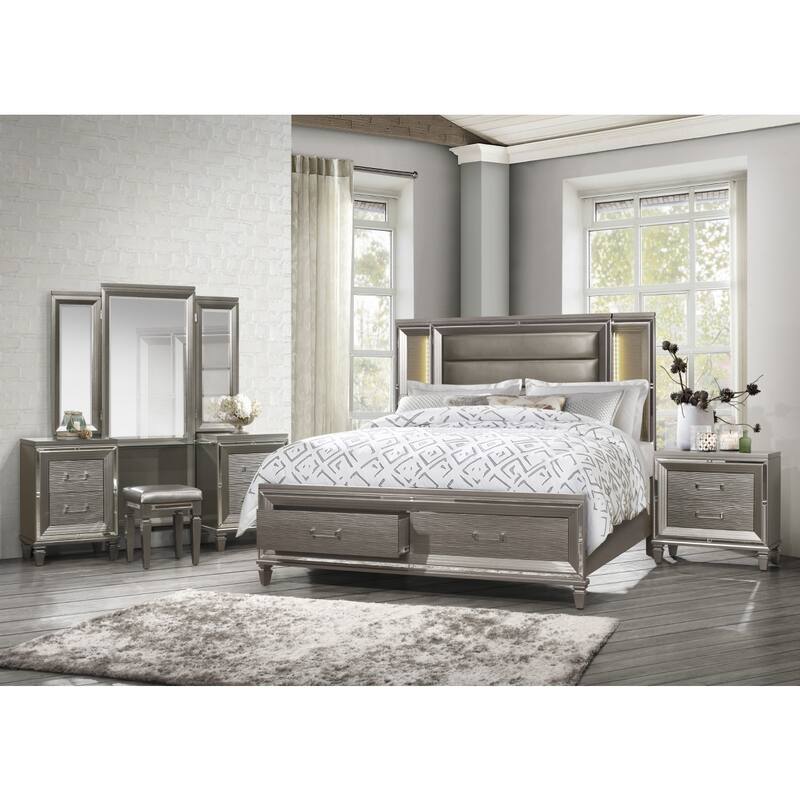 Rosalinda Silver Gray LED Faux Leather Upholstered Storage Platform Bed