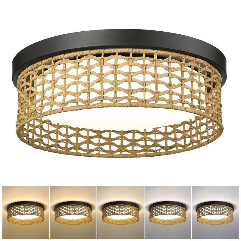 32W LED 15.7'' Rattan Flush Mount Ceiling Light 3000K/3500K/4000K/5100K/6500K - Black