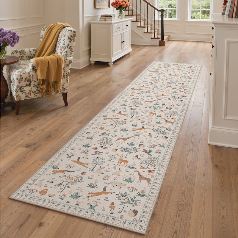 Mcow Woodland Friends Animal Print Low-Pile Machine-Washable Area Rug - Beige - 2' x 10' - Runner