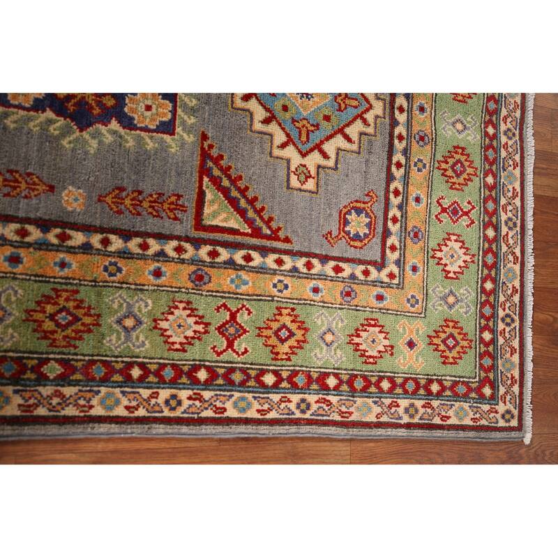Geometric Grey Kazak Foyer Rug Hand-Knotted Wool Carpet - 3'5" x 4'10"