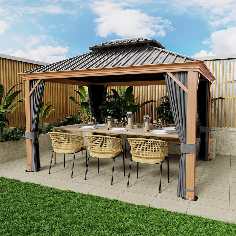 12x10ft Outdoor Double-Roof Aluminum Gazebo with Curtains and Mosquito Netting