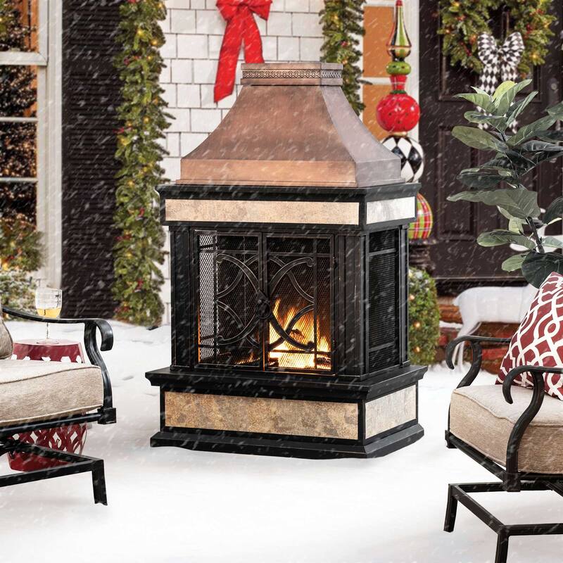 Sunjoy Smith Collection Outdoor Patio Wood Burning Steel Fireplace with Chimney, Spark Screen, Fire Poker, and Removable Grate