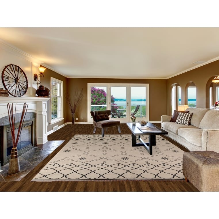Moroccan Oriental Area Rug Hand-Knotted Beige Geometric Wool Carpet - 8'10"x 12'5"