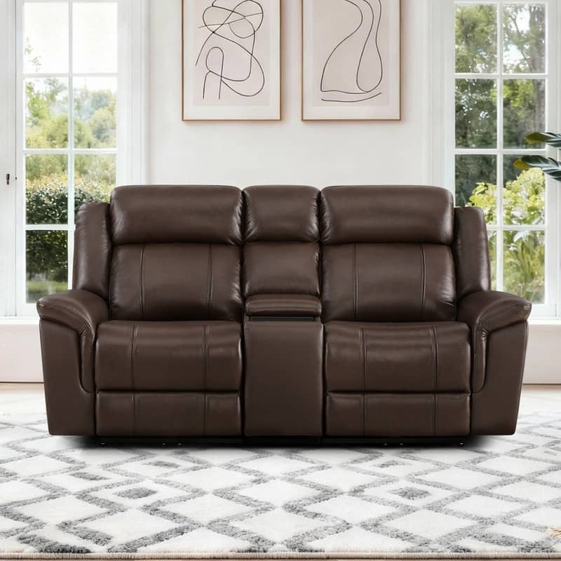 Spruce & Spring Genuine Leather Power Reclining Sofa with Optional Console & Flip-Down Table - 2PC+Console - Dark Brown