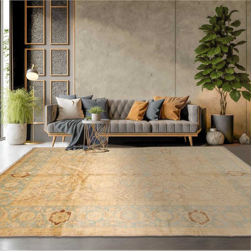 Hand Knotted Peshawar Taupe,Aqua Wool Traditional Oriental Area Rug - 7' 10'' x 10'