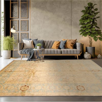Hand Knotted Peshawar Taupe,Aqua Wool Traditional Oriental Area Rug - 7' 10'' x 10'