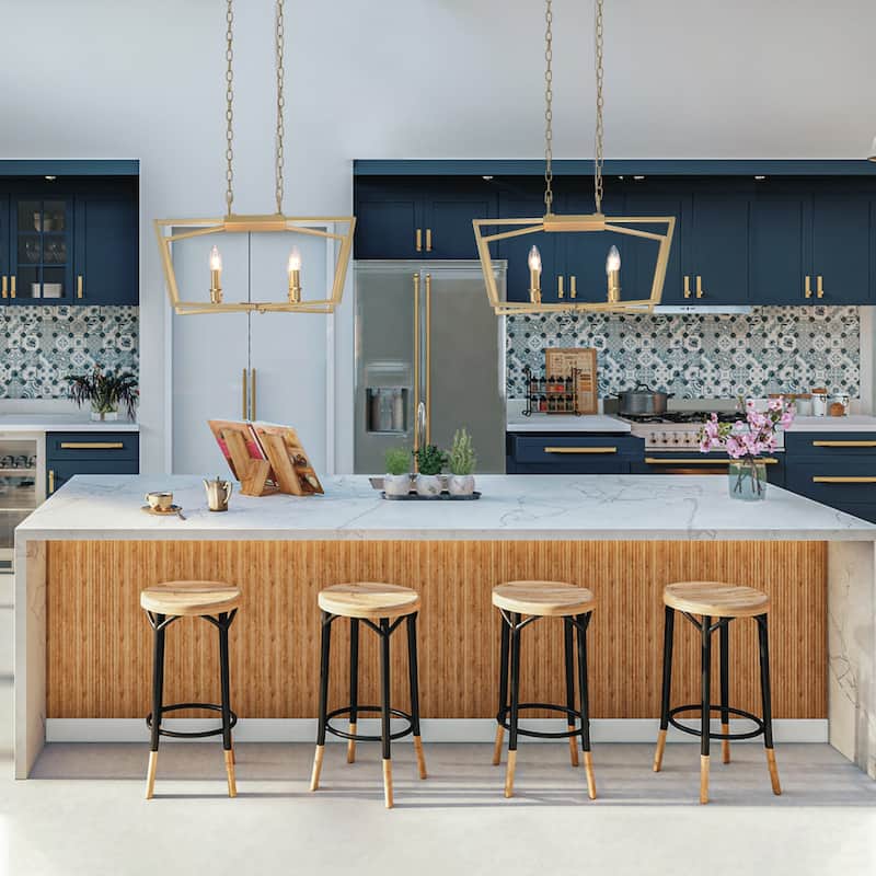Rella Modern Gold 4-Light Cage Chandelier Candle Linear Lantern Kitchen Island Hanging Lights - L21"xW7"xH12.5"