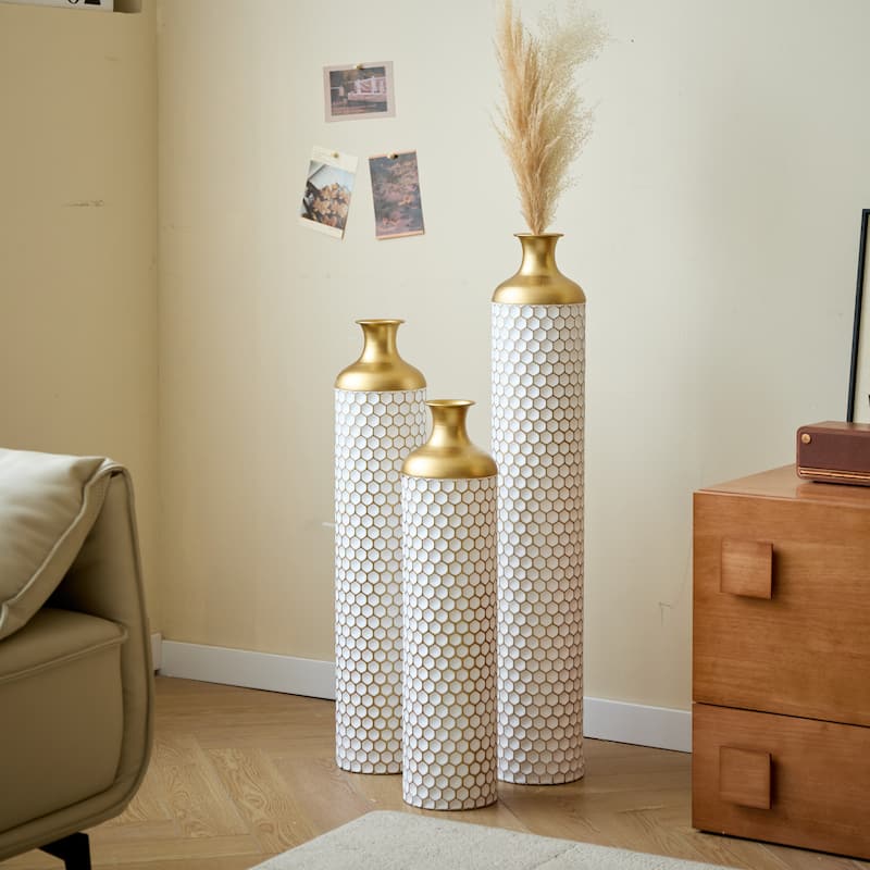 Floor metal vase decoration home droplet shaped white metal vase 3-piece set gorgeous home decoration large glazed metal vase