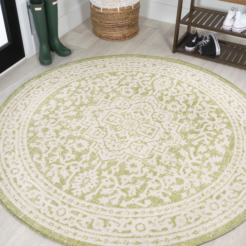 JONATHAN Y Rozetta Medallion Textured Weave Indoor/Outdoor Area Rug - 5' Round - Green/Cream