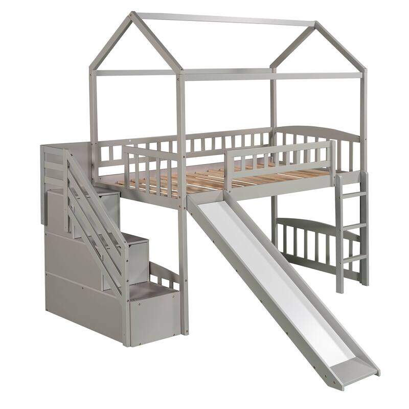 Twin Loft Bed with Slide, Storage Drawers, and Playhouse Design