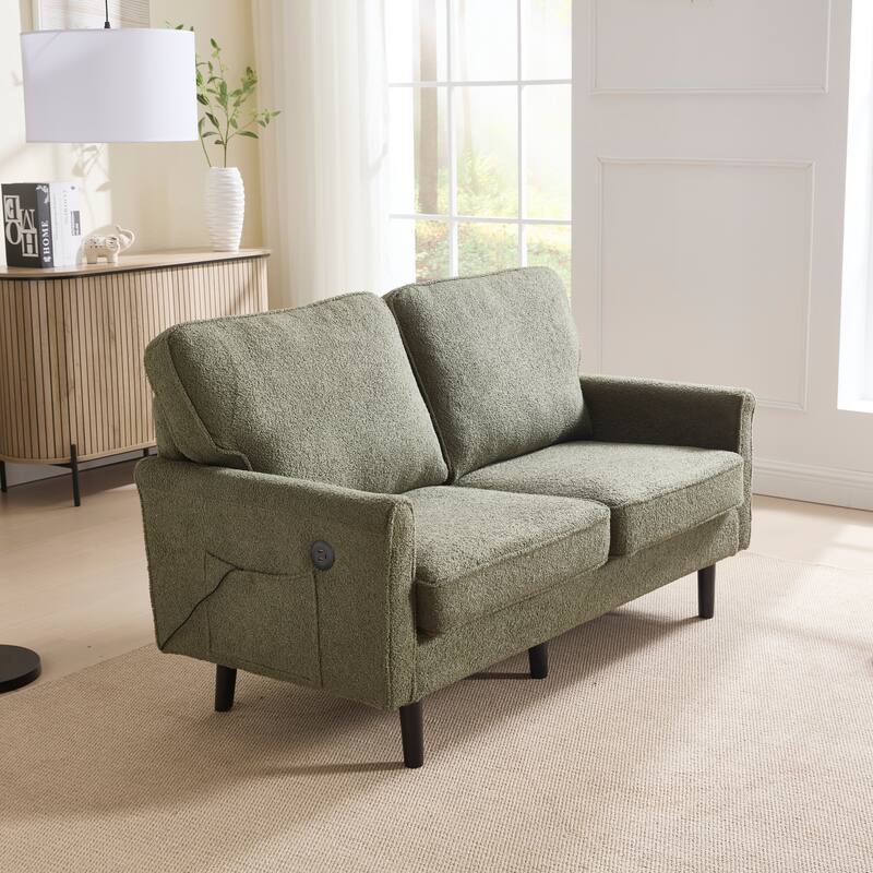 Loveseat Sofa Upholstered Deep Seat Sofa Modern Love Seat with USB & Removable Pillow Cover, Pockets 2-seat Armchair