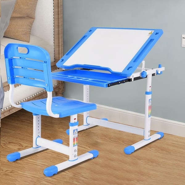 Height Adjustable Kids Desk And Chair Set With Tilted Desktop Storage ...