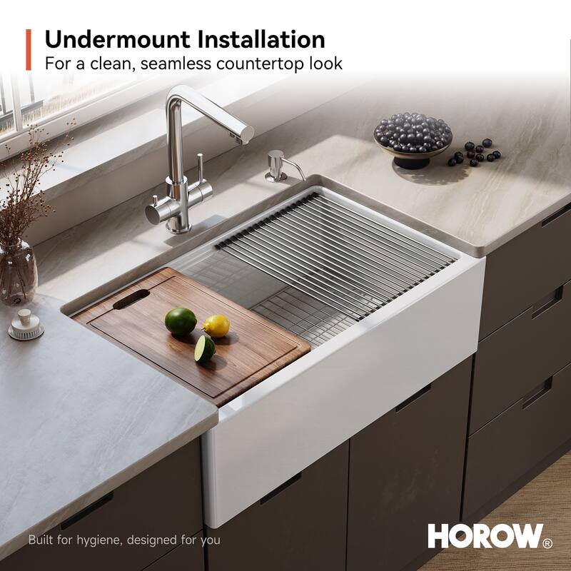 HOROW 33 in. Farmhouse Single Bowl White Ceramic Kitchen Sink with Front Apron, Workstation, Bottom Grid and Strainer