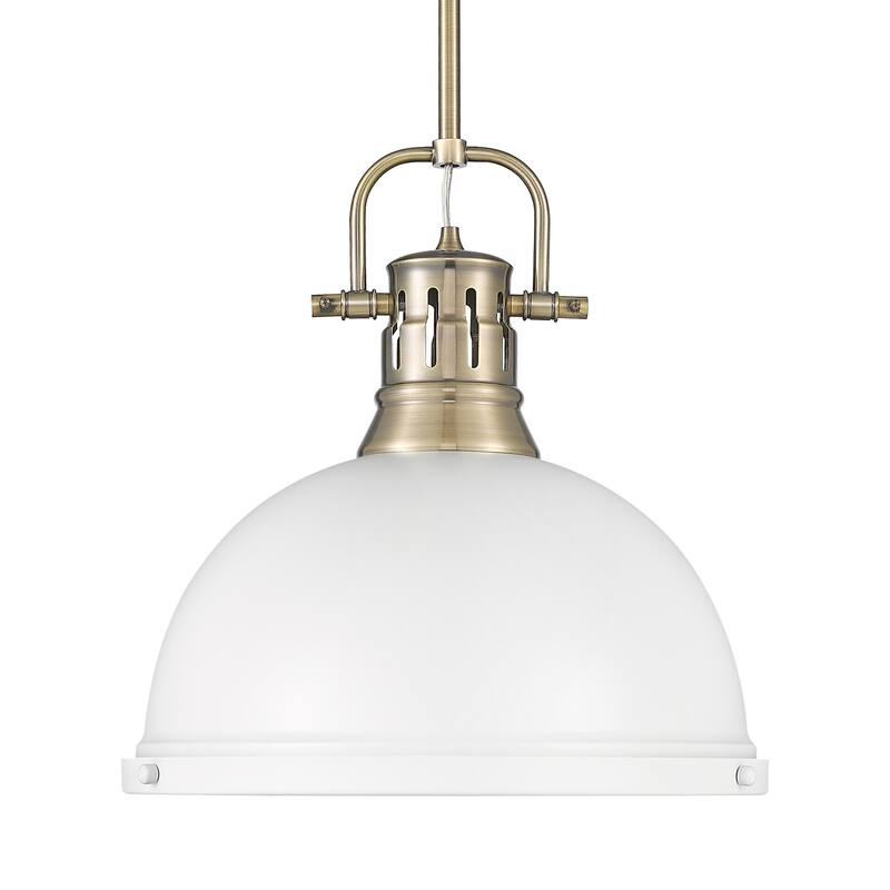 Yep by Golden Lighting Duncan 1-light 14in Rod Hung Pendant in Aged Brass and Matte White shade