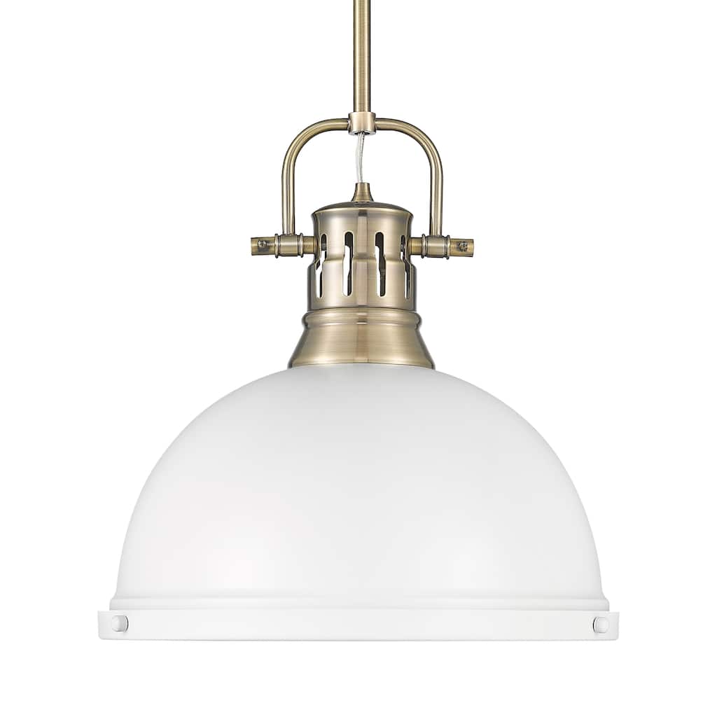 Yep by Golden Lighting Duncan 1-light 14in Rod Hung Pendant in Aged Brass and Matte White shade