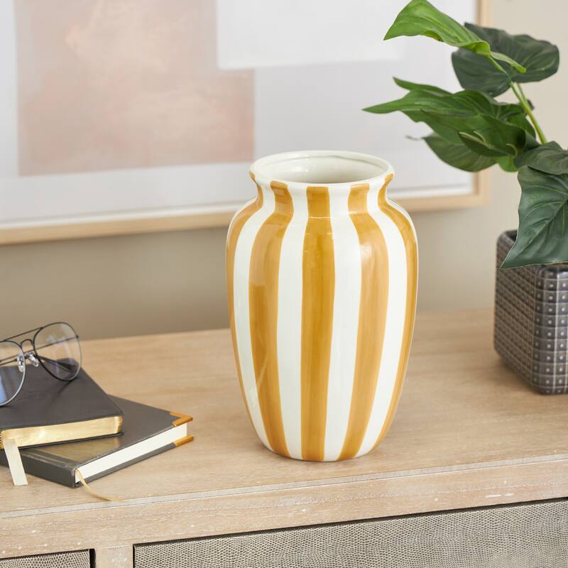 White Ceramic Round Wide Decorative Vase with Yellow or Teal Vertical Stripes