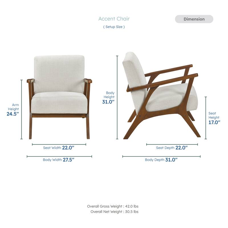 Sutton 27.5" Chenille Accent Chair - Chestnut Finish Solid Wood Frame