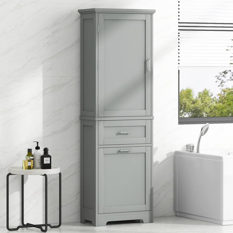 Tall Bathroom Storage Cabinet, Freestanding Organizer, Wooden Floor Cabinet with 2 Different Size Drawers & Adjustable Shelf