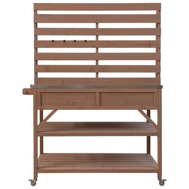 64.9"H Outdoor Potting Table with Lockable Wheels,Solid Wood Kitchen Island with Upper Hutch,Stainless Steel Top,Towel Rack