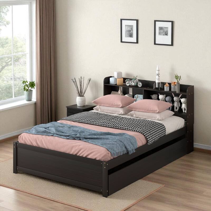 Twin/Full Bed Frame with Pull-Out Trundle and Bookcase Headboard, No Box Spring Needed - Espresso - Full