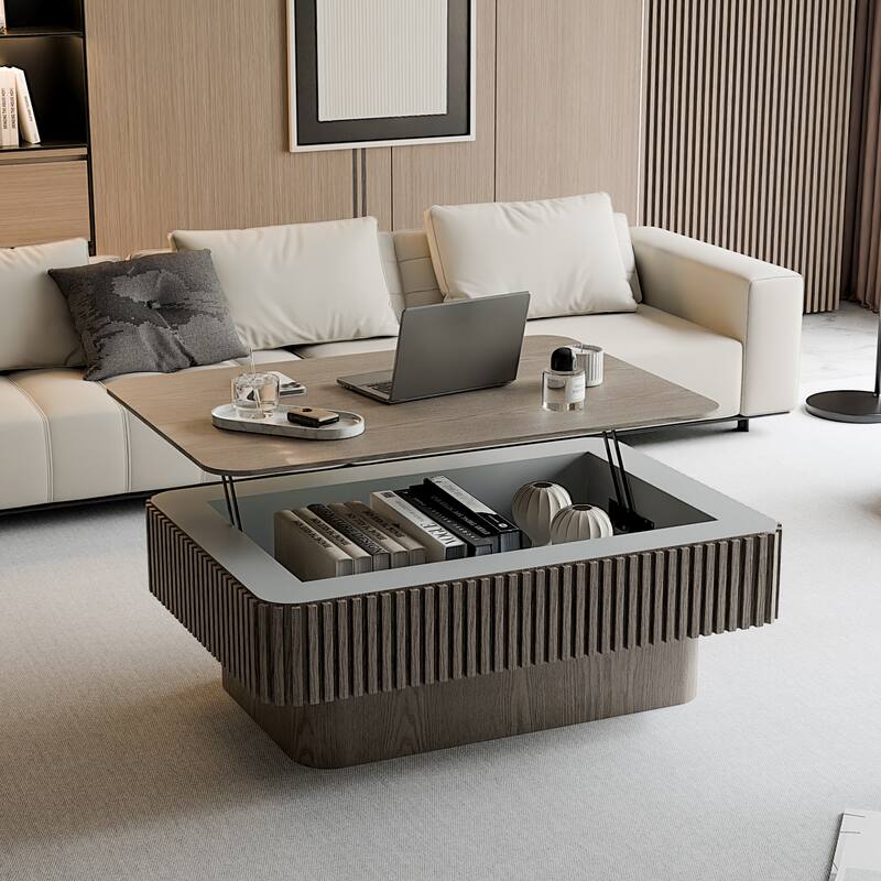 38.6" Fluted Lift-top Coffee Table, Coffee Table Accent Tea Table with Storage and Adjustable Height for Living Room - Grey