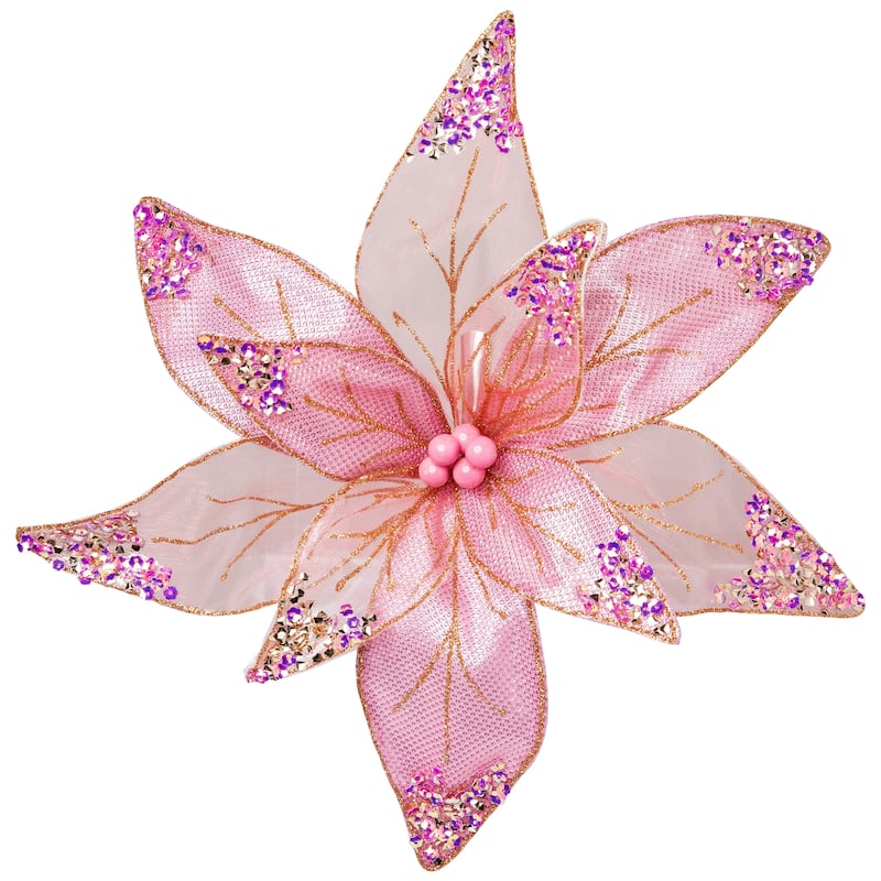 Glitter and Sequin Poinsettia Clip-on Christmas Ornament - 11.5" - Pink and Gold