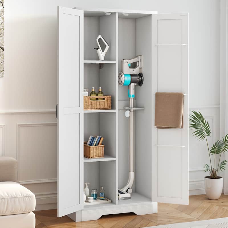 Moasis Broom Closet Storage Cabinet with Doors and Shelves for Farmhouse Organization - White