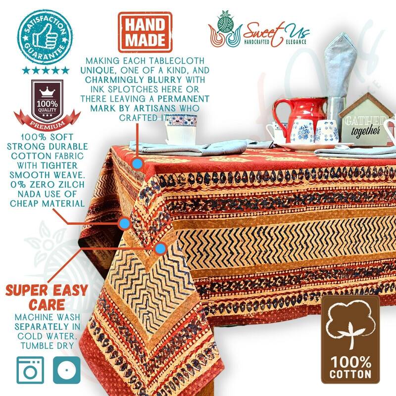 Chic Rustic Geometric Cotton Block Print Tablecloth Collection