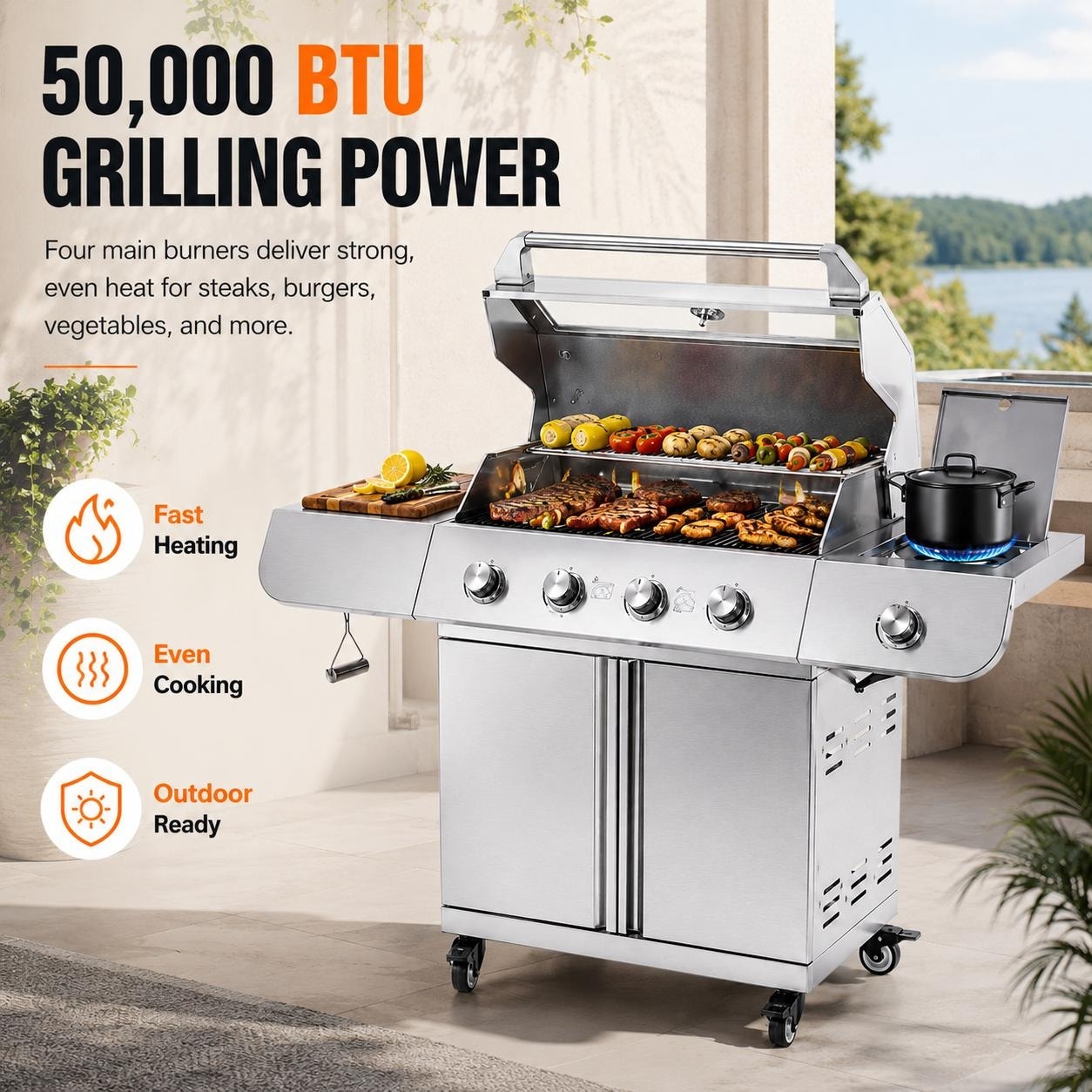 50000 BTU 4-Burner Combo Propane BBQ Grill with Side Burner