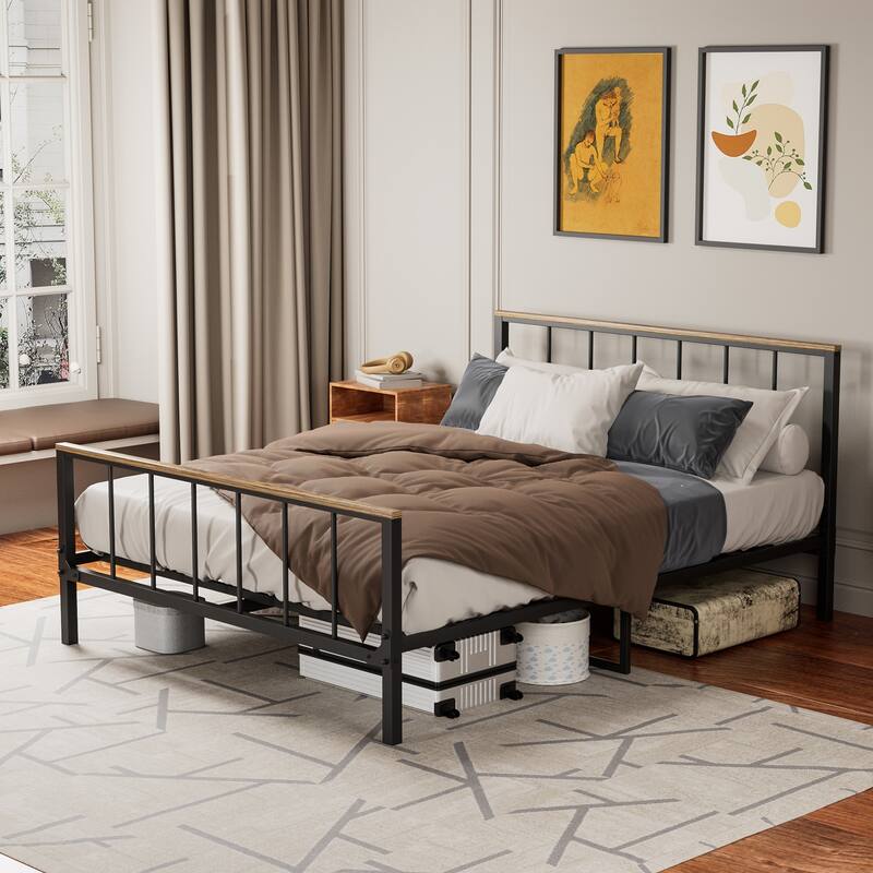 Queen Metal Platform Bed Frame with Headboard, Sturdy Iron Construction, No Box Spring Needed