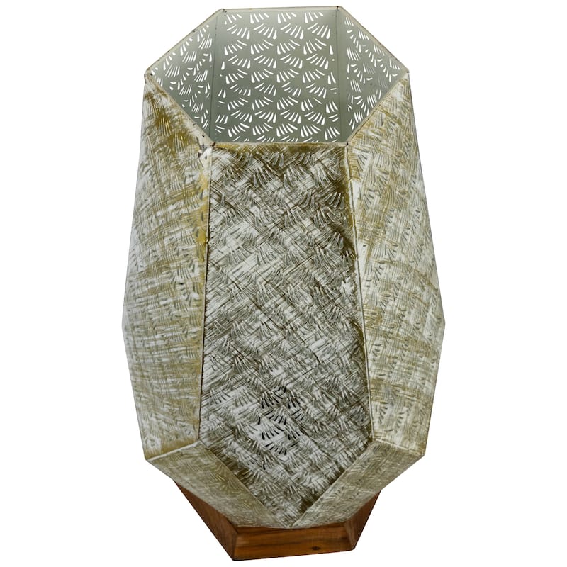 Laser-Cut Iron Table Lamp With Wooden Base - 16.75" - Gold and Brushed White - 16.75