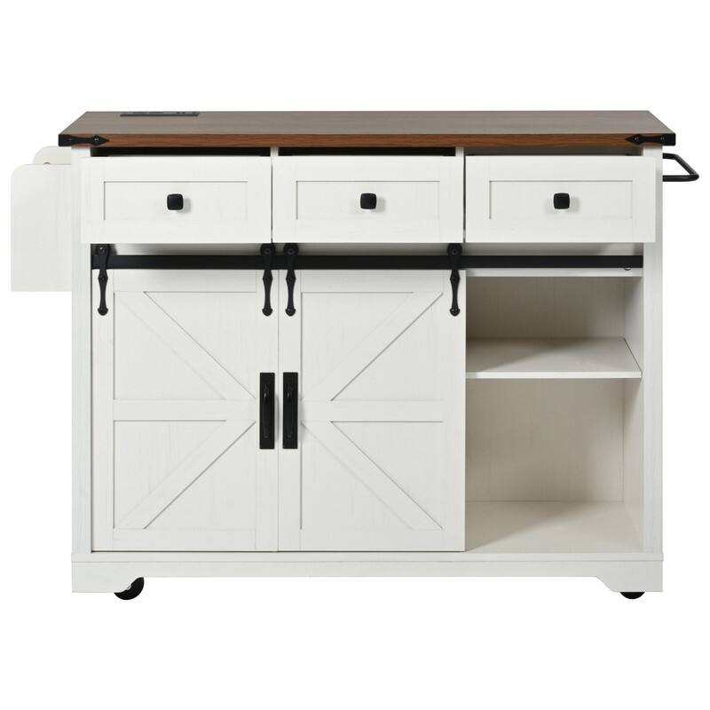 Farmhouse Kitchen Island with Power Outlet and 2 Sliding Barn Door, Rolling Kitchen Cart on Wheels with Drop Leaf and Spice Rack