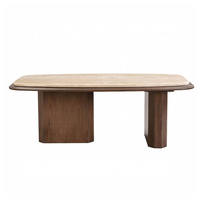 Wood and Travertine Stone Coffee Table in Walnut