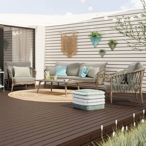 WyndenHall Myra Contemporary 4 Piece Outdoor Conversation Set in Sand Drift Polyester Fabric
