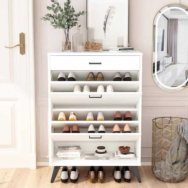 Grondin Modern Contemporary Entryway Shoe Cabinet with Drawers, Interior Adjustable/Removable Panel and Bottom Open Shelf - White