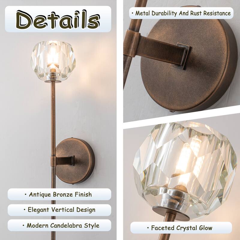 H28" Antique Bronze Vertical Wall Lamp with Faceted K9 Crystal Modern Crystal Wall Sconce for Bathroom Hallway - W6''
