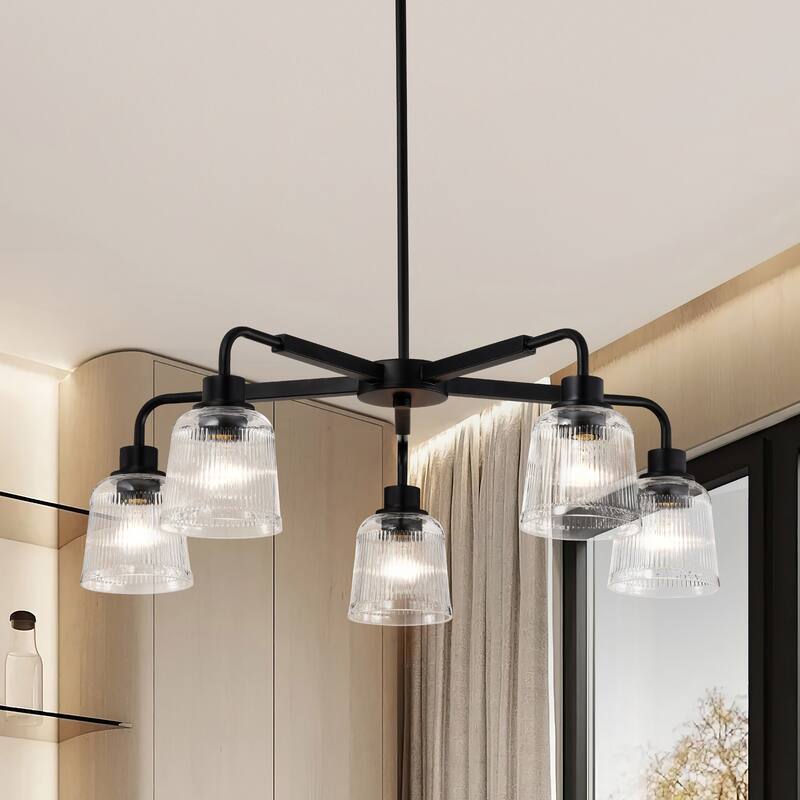 Grayson 5 Light Chandelier Matte Black Finish Clear Ribbed Glass - Matte Black