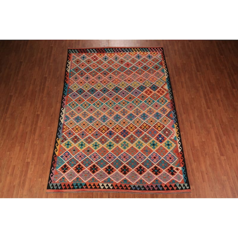 Flat Weave Trellis Kilim Oriental Area Rug Flatweave Wool Carpet - 7'10" x 11'5"