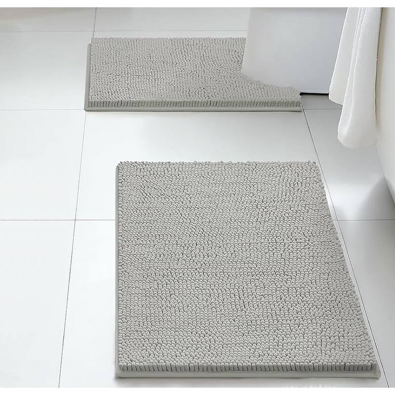 2 Piece Set Warm Grey Soft Cozy Plush Chenille Bath Mat Bathroom Rug