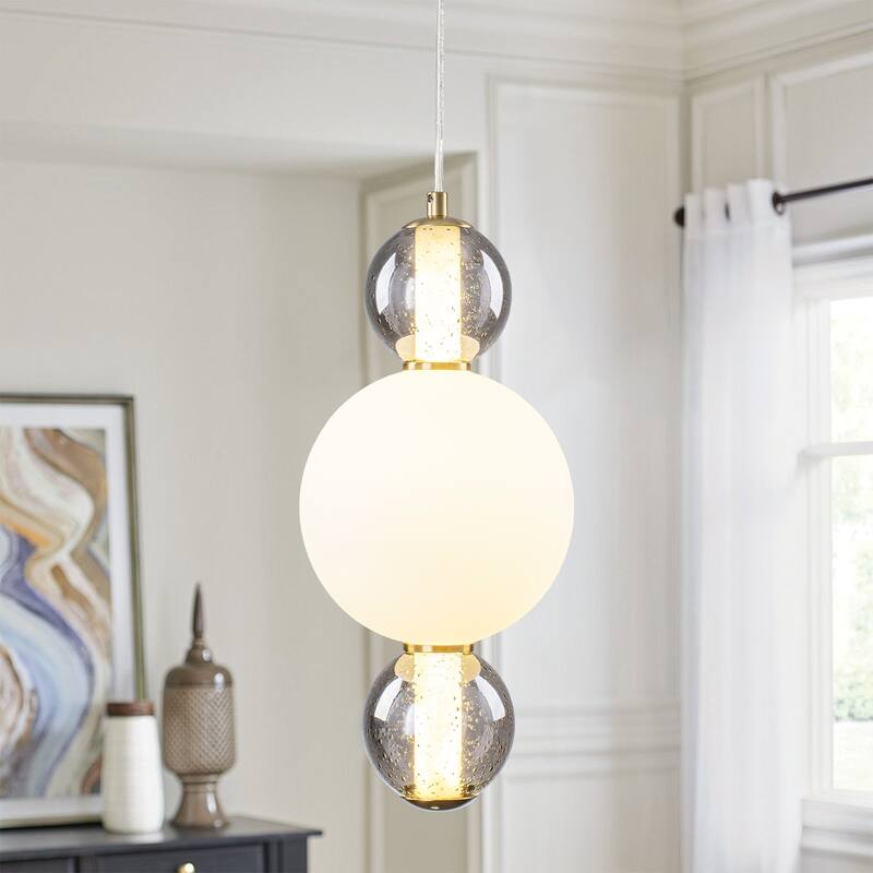 3-Light Modern Gold LED Pendant Light with White & Smoke Glass Globes - Dia.7.09-in - Dia.7.09-in