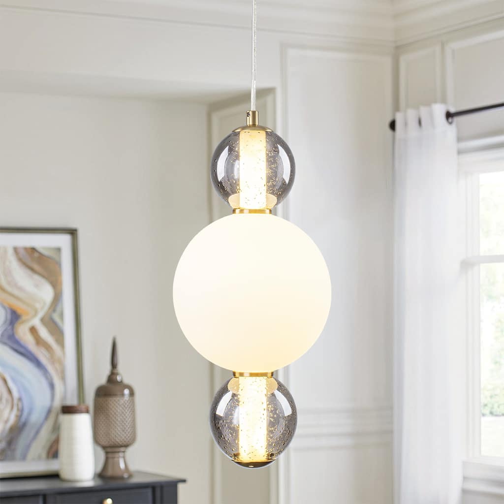 3-Light Modern Gold LED Pendant Light with White & Smoke Glass Globes - Dia.7.09-in