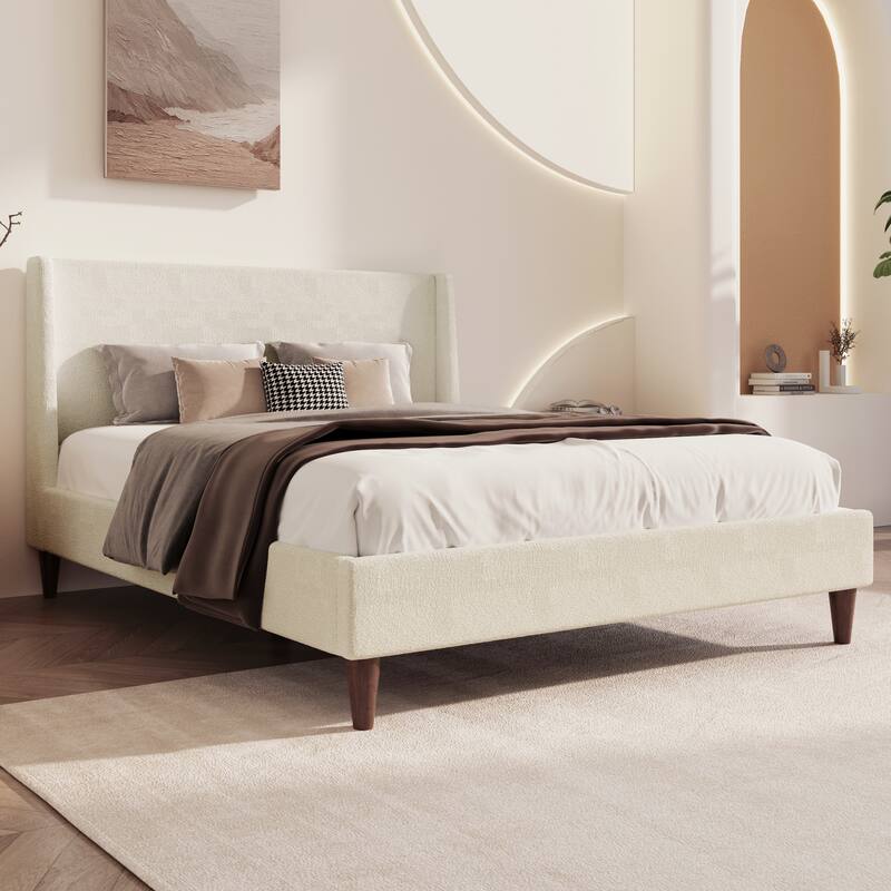 Modern Upholstered Platform Bed with Wingback Headboard